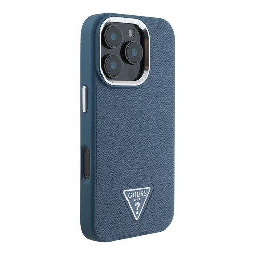 Guess для iPhone 16 Pro чехол PU Grained leather Triangle metal logo Hard Blue (MagSafe)