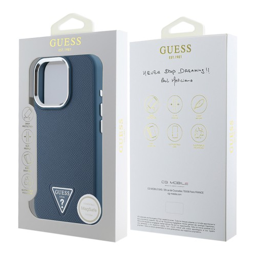Guess для iPhone 16 Pro чехол PU Grained leather Triangle metal logo Hard Blue (MagSafe)