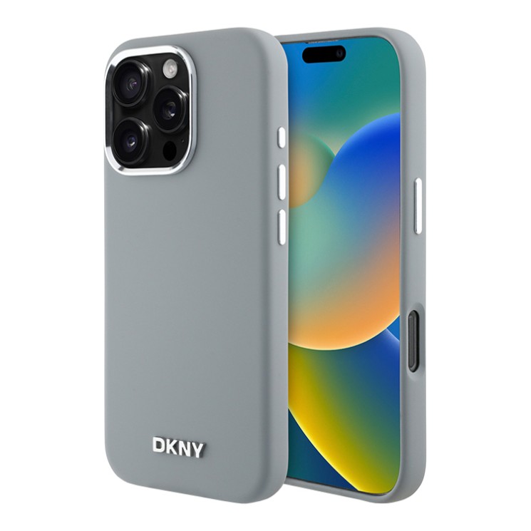 DKNY для iPhone 16 Pro Max чехол Liquid Silicone Metal logo and Camera frame Hard Grey (MagSafe)
