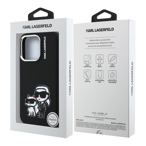 Karl Lagerfeld для iPhone 16 Pro Max чехол Liquid Silicone Sketch Karl&Choupette Black (MagSafe)