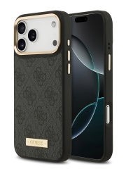 Guess для iPhone 17 Pro чехол PU 4G Plate metal logo and Gold camera Hard Black (MagSafe)