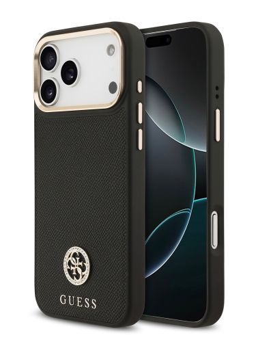 Guess для iPhone 17 Pro Max чехол PU Grained 4G Diamond metal logo Gold camera Hard Black (MagSafe)
