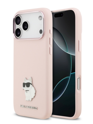 Karl Lagerfeld для iPhone 17 Pro чехол Liquid silicone NFT Choupette Metal pin & Camera Hard Pink