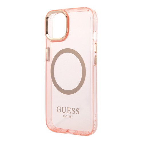 Чехол Guess Metal outline Hard Translucent для iPhone 14 Plus, розовый/золотой (MagSafe)