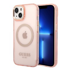 Чехол Guess Metal outline Hard Translucent для iPhone 14 Plus, розовый/золотой (MagSafe)