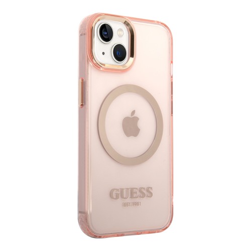 Чехол Guess Metal outline Hard Translucent для iPhone 14 Plus, розовый/золотой (MagSafe)