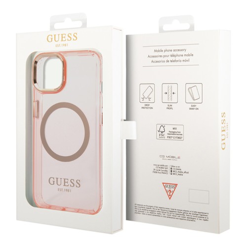 Чехол Guess Metal outline Hard Translucent для iPhone 14 Plus, розовый/золотой (MagSafe)