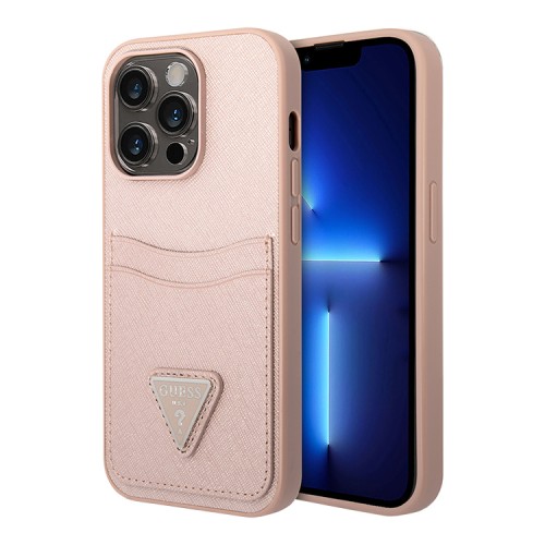 Чехол Guess PU Saffiano Double cardslot Metal triangle logo Hard для iPhone 14 Pro, розовый