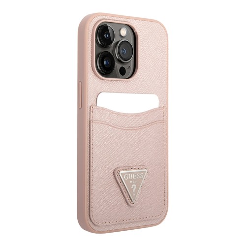 Чехол Guess PU Saffiano Double cardslot Metal triangle logo Hard для iPhone 14 Pro, розовый