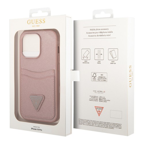 Чехол Guess PU Saffiano Double cardslot Metal triangle logo Hard для iPhone 14 Pro, розовый