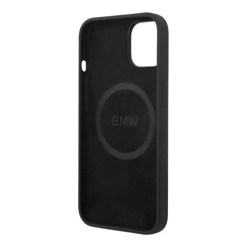 Чехол BMW Liquid Silicone Metal logo Hard для iPhone 14 Plus, черный (MagSafe)