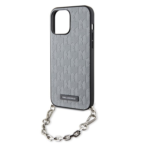 Чехол Lagerfeld PU Saffiano Monogram + Wrist chain Hard для iPhone 14 Pro, серебристый