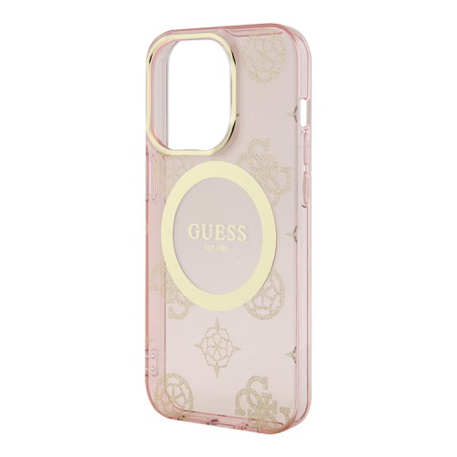 Чехол Guess Peony Glitter Hard для iPhone 14 Pro, розовый/золотой (MagSafe)