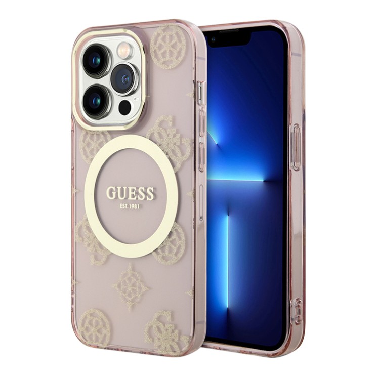 Чехол Guess Peony Glitter Hard для iPhone 14 Pro, розовый/золотой (MagSafe)
