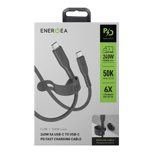 EnergEA Кабель FLOW USB-C to USB-C PD240W 5A Nanoweave Magnetic tie Black (1.5 метра)