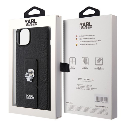 Karl Lagerfeld для iPhone 15 Plus чехол GripStand PU Saffiano NFT Karl Ikonik metal Hard Black