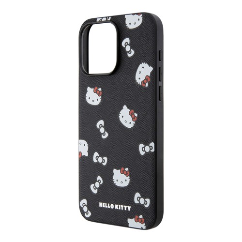Hello Kitty для iPhone 15 Pro Max чехол PU Saffiano Heads and Bows + Hand strap Hard Black/Red