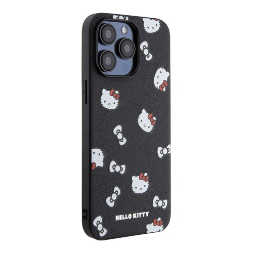 Hello Kitty для iPhone 15 Pro Max чехол PU Saffiano Heads and Bows + Hand strap Hard Black/Red