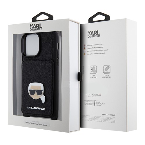 Karl Lagerfeld для iPhone 14 Pro Max чехол Crossbody cardslot PU Saffiano Metal Karl Head Hard Black