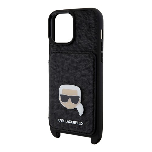 Karl Lagerfeld для iPhone 14 Pro Max чехол Crossbody cardslot PU Saffiano Metal Karl Head Hard Black