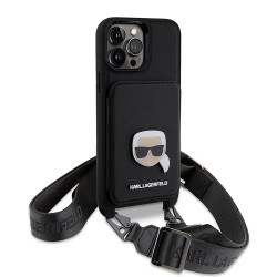 Karl Lagerfeld для iPhone 14 Pro Max чехол Crossbody cardslot PU Saffiano Metal Karl Head Hard Black