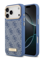 Guess для iPhone 17 Pro чехол PU 4G Plate metal logo and Gold camera Hard Blue (MagSafe)
