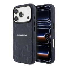 Karl Lagerfeld для iPhone 17 Pro чехол PU Full Wrapped Monogram Metal camera Hard Blue (MagSafe)