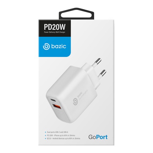 Сетевое зарядное EnergEA Bazic GoPort PD20+, USB-C PD +USB-A QC3.0/PPS, 20 Вт