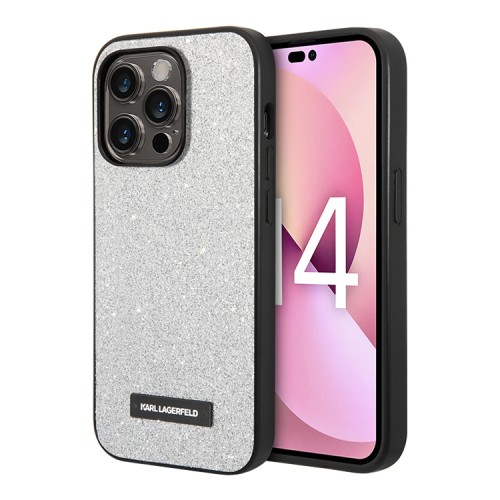 Чехол Lagerfeld Solid glitter Plaque logo Hard для iPhone 14 Pro Max, серебристый