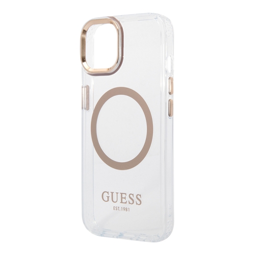 Чехол Guess Metal outline Hard для iPhone 14 Plus, прозрачный/золотой (MagSafe)