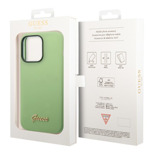 Чехол Guess Liquid Silicone Gold Metal logo для iPhone 14 Pro Max, зеленый