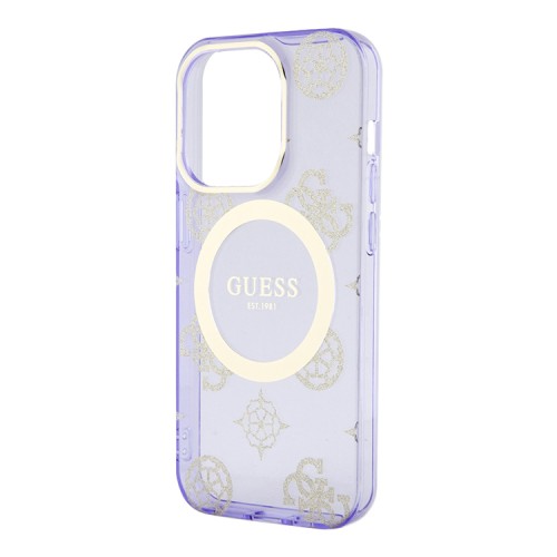 Чехол Guess Peony Glitter Hard для iPhone 14 Pro, фиолетовый/золотой (MagSafe)