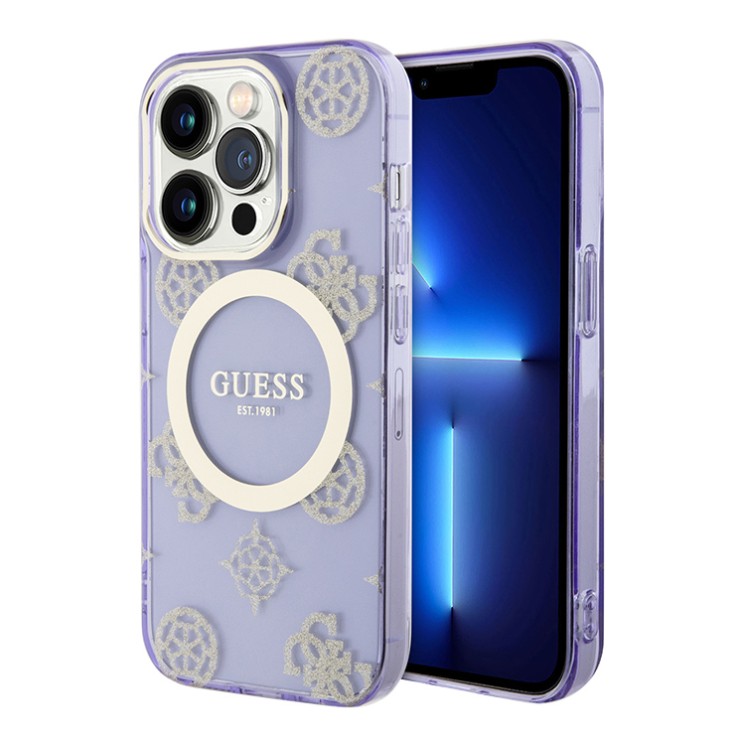 Чехол Guess Peony Glitter Hard для iPhone 14 Pro, фиолетовый/золотой (MagSafe)