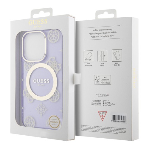 Чехол Guess Peony Glitter Hard для iPhone 14 Pro, фиолетовый/золотой (MagSafe)