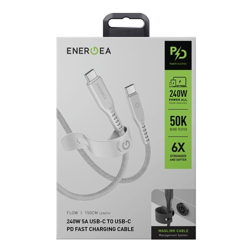 EnergEA Кабель FLOW USB-C to USB-C PD240W 5A Nanoweave Magnetic tie White (1.5 метра)