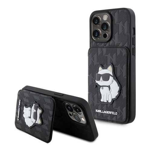 Lagerfeld для iPhone 15 Pro Max чехол Cardslot Stand PU Saffiano Monogram NFT Choupette Hard Black
