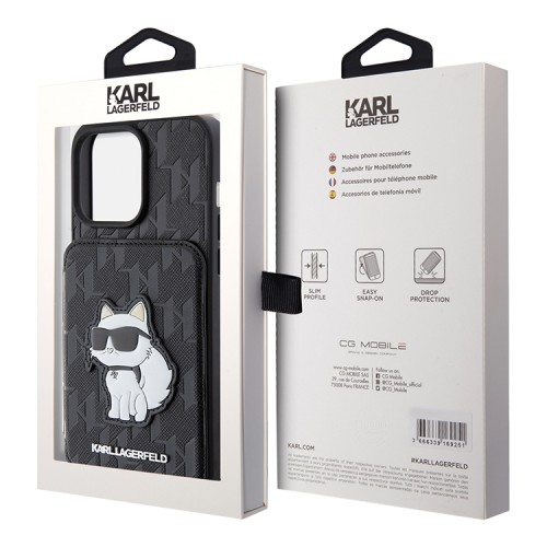 Lagerfeld для iPhone 15 Pro Max чехол Cardslot Stand PU Saffiano Monogram NFT Choupette Hard Black