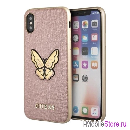 Guess Patch Butterfly Saffiano чехол для iPhone X/XS, розовый
