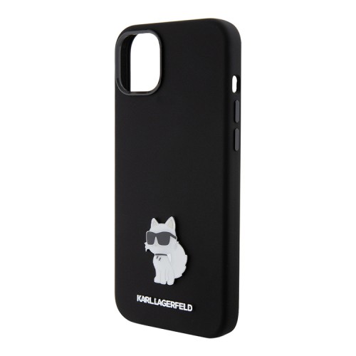 Karl Lagerfeld для iPhone 15 Plus чехол Liquid silicone NFT Choupette metal pin Hard Black