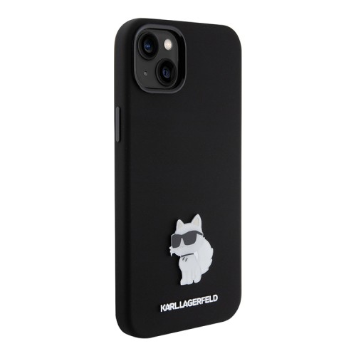 Karl Lagerfeld для iPhone 15 Plus чехол Liquid silicone NFT Choupette metal pin Hard Black