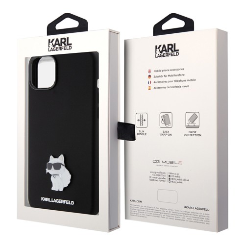 Karl Lagerfeld для iPhone 15 Plus чехол Liquid silicone NFT Choupette metal pin Hard Black