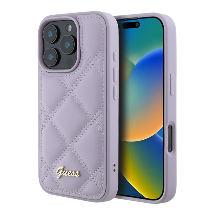 Guess для iPhone 16 Pro чехол PU Quilted with Script metal logo Hard Light Purple