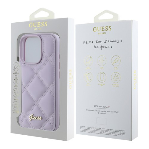 Guess для iPhone 16 Pro чехол PU Quilted with Script metal logo Hard Light Purple