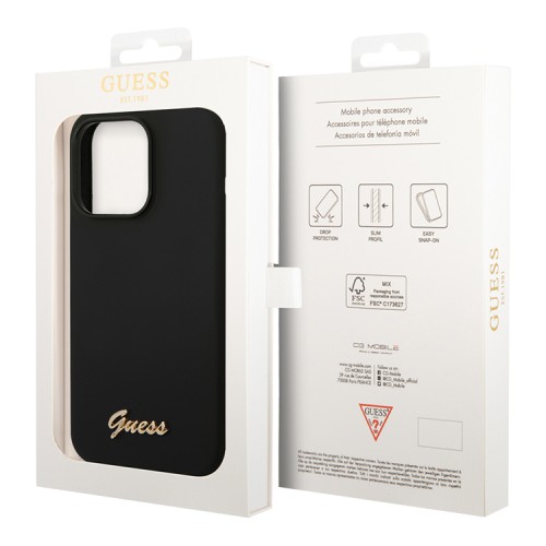 Чехол Guess Liquid Silicone Gold Metal logo для iPhone 14 Pro Max, черный
