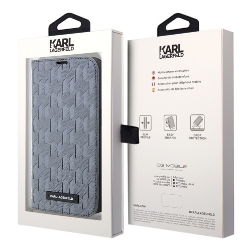 Чехол Lagerfeld PU Saffiano Monogram Booktype для iPhone 14 Pro, серебристый