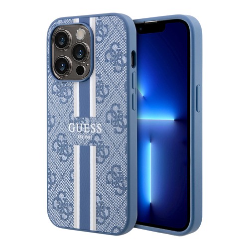 Чехол Guess PU 4G Stripes Hard для iPhone 13 Pro Max, голубой (MagSafe)