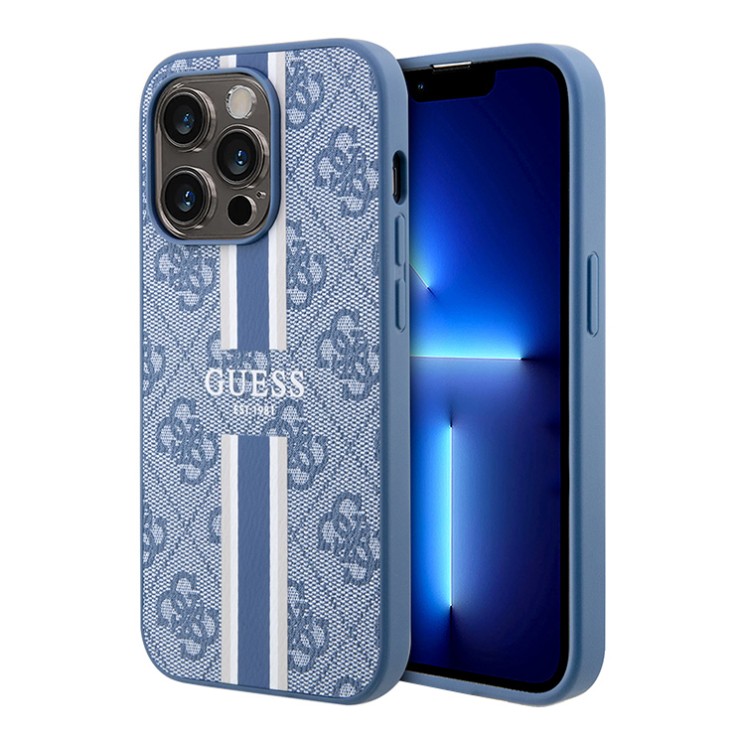 Чехол Guess PU 4G Stripes Hard для iPhone 13 Pro Max, голубой (MagSafe)