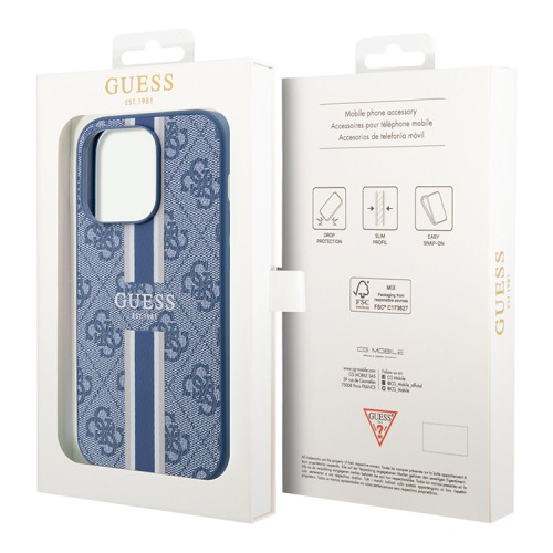 Чехол Guess PU 4G Stripes Hard для iPhone 13 Pro Max, голубой (MagSafe)