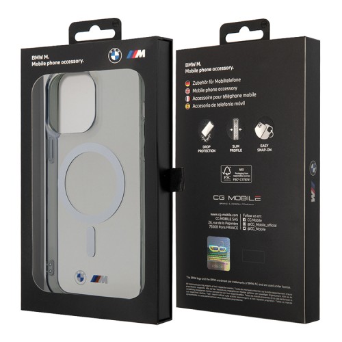 Чехол BMW M-Collection Silver Ring Hard для iPhone 14 Pro, прозрачный (MagSafe)
