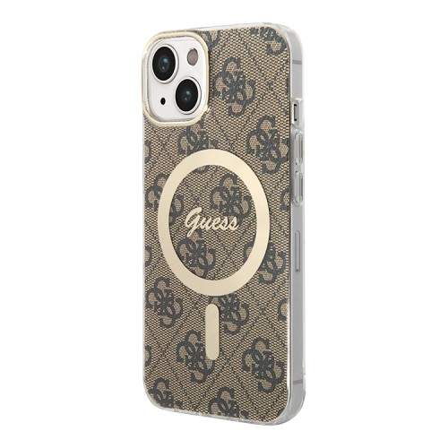 Guess для iPhone 15 Plus чехол PC/TPU 4G Hard Brown/Gold (MagSafe)
